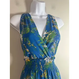 Halogen Blue Floral Smocked Waist Maxi Dress Medium Sleeveless V-Neck‎ NWOT thumbnail 4