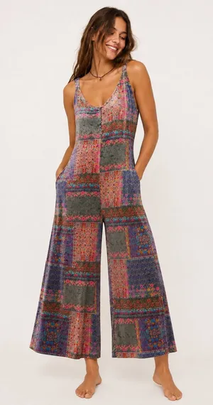 Natural Life Velvet Patchwork Jumpsuit Boho Wide Leg Cropped Floral Whimsigoth thumbnail 1