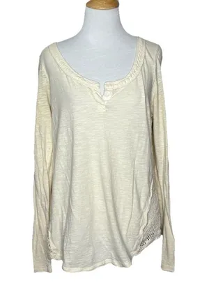 Free People Patches of Lace Henley Crochet Back Shirt Ivory Long Sleeve M thumbnail 1