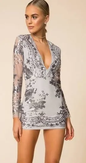 Jessa Deep V Mini Dress in Gunmetal thumbnail 1