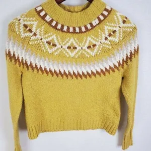 American Eagle Sweater XS Yellow Tan Fairisle Cropped Aztec High Crew Neck Soft thumbnail 3