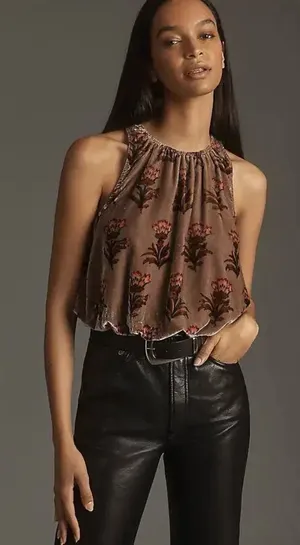Anthropologie pink Floral Halter Crop Camisole thumbnail 1