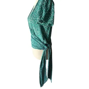 Billabong Wrap Tie Blouse Green White Polka Dot Short Sleeve Cotton Polyester S thumbnail 3