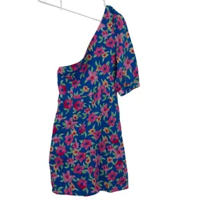 Lulus Gorgeous Garden Floral One-Shoulder Faux-Wrap Mini Dress Large Blue Pink thumbnail 6