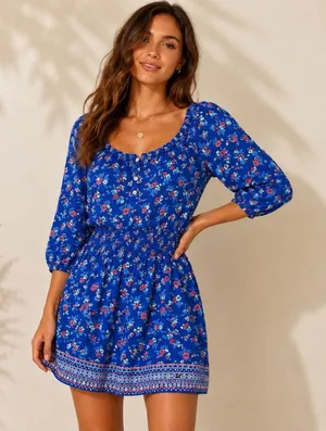 Hollister Blue Floral Peasant Dress Women's M Boho Smocked Waist 3/4 Sleeve thumbnail 1