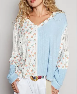 L POL Light Blue and Floral Patchwork V-Neck Top thumbnail 1