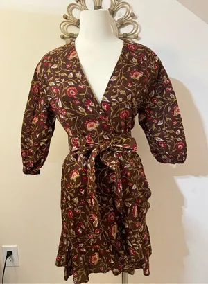 Madison Matthews Brown Autumn Leaves Wrap Mini Dress Ruffled S thumbnail 1