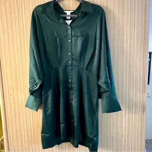 $75 NWOT H&M long sleeve emerald green satin dress L thumbnail 6