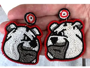 Bulldog Earrings UGA Dawgs University of Georgia Beaded Dangle Post New … thumbnail 5