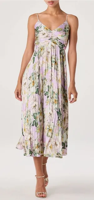 ASTR The Label Midi‎ Dress Womens L Lavender Floral Pleated Smocked event thumbnail 1