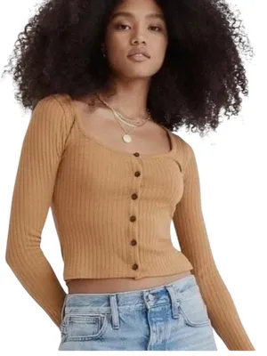 Madewell- Ribbed Button-Front Long Sleeve Crop Top Size XS thumbnail 1