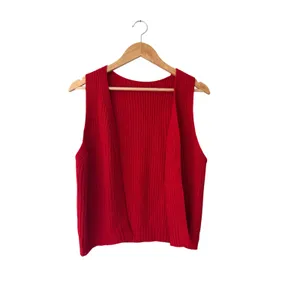 Red Knit Sweater Vest Sleeveless Open Front Longline Layering Preppy thumbnail 2