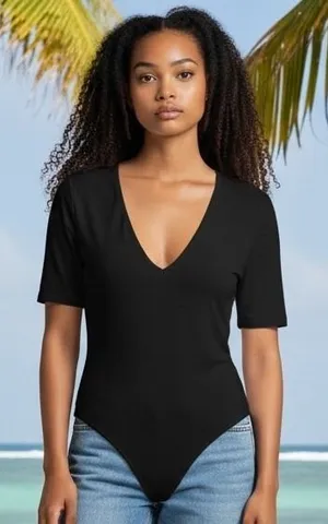 Free People Black Deep V Neck Short Sleeve Thong‎ Bodysuit L Made in USA thumbnail 1