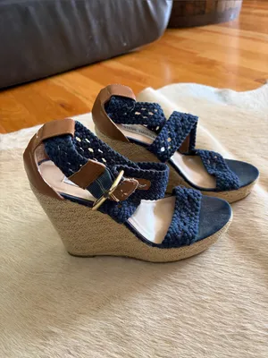 Steve Madden Navy Braided Espadrille Wedges with Tan Trim thumbnail 4