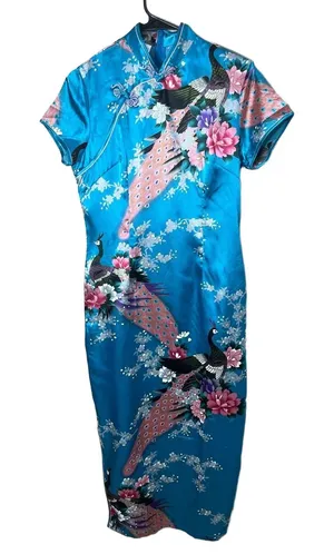 Laogudai Blue‎ Peacock Floral Mandarin Collar Chinese Style Cheongsam Dress M thumbnail 1
