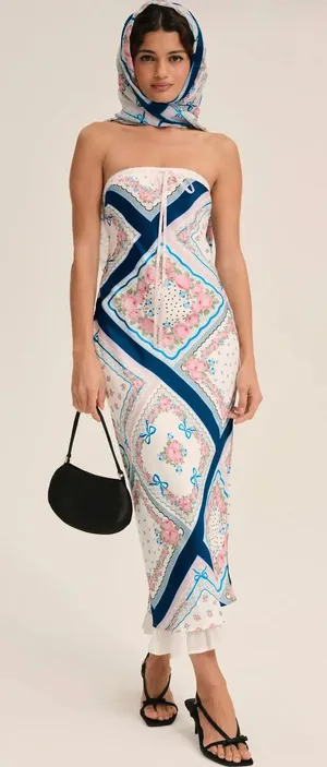 For Love & Lemons Daisy Mae Strapless Satin Patchwork Midi Dress Size 1X NWT thumbnail 1
