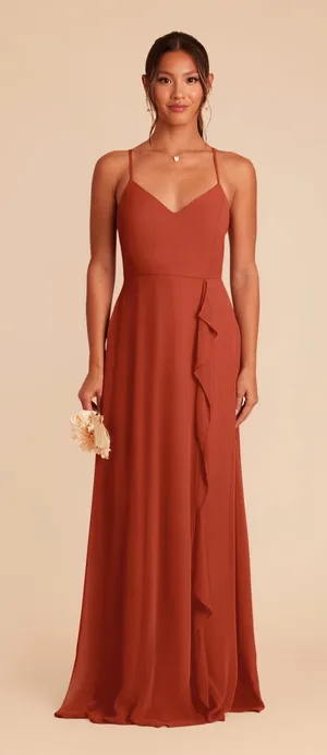 Birdy Grey Theresa Dress Chiffon Auburn Spaghetti Strap Ruffle Slit Maxi Dress thumbnail 1