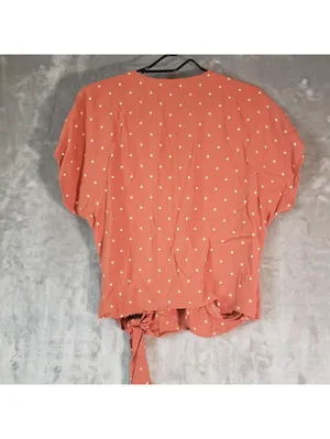 Madewell Wrap Tie Blouse Pink White Polka Dot V-Neck Short Sleeve Size M thumbnail 4