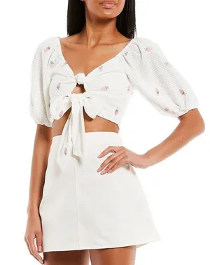 Strawberry Printed 5/8 Sleeve Waist Tie Crop Top White Pink Large thumbnail 1
