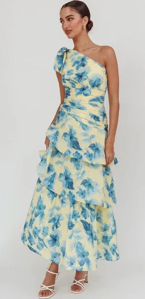 Selfie Leslie One-Shoulder Yellow Dress with Blue Floral Print Size Medium A1 thumbnail 1
