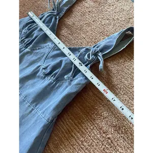Denim Blue Sleeveless Mini Dress With Ruffle Hem and Tie Straps thumbnail 3