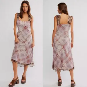 Free People Femme Grunge 90s Y2K Morning Dew Plaid Floral Midi Slip Dress XL thumbnail 3