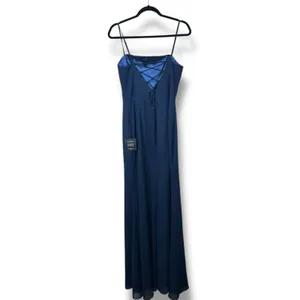 NEW Lulus Feeling Elegant Navy Blue Lace-Up Back Slit Chiffon Maxi Dress Medium thumbnail 8