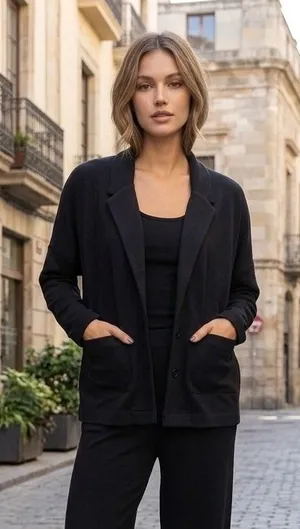 PACT Airplane Collection Relaxed Knit Blazer Jacket Black Medium Sustainable thumbnail 1