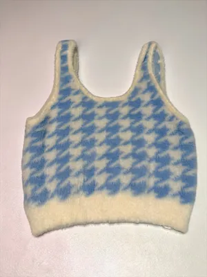 Aeropostale Womens Blue White Houndstooth Fuzzy Knit Cropped Tank Top‎ XS thumbnail 2