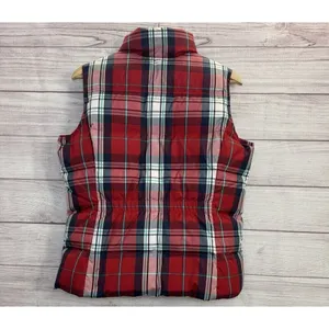 Lands End Down Puffer Vest Women SZ SMALL Full Zip Red Plaid Outdoors Nature thumbnail 2