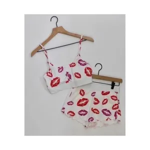 NEW!! HOT LIPS Lipstick Kiss Cropped Loungewear Two‎ Piece Set Top Shorts Small thumbnail 2