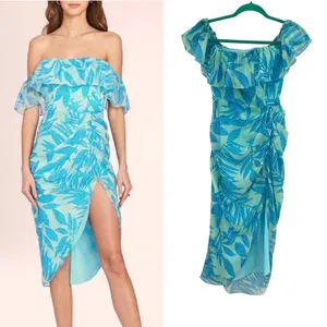 Amanda Uprichard Rosalinda Off-Shoulder Dress Tropical‎ Print Green Blue Size XS thumbnail 2