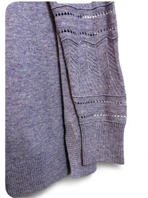 LOFT Pointelle Chevron Sleeve Crewneck Heather Lilac Pullover Wool Blend Sweater thumbnail 11