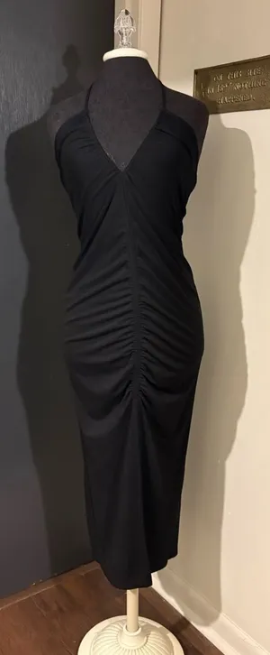 Zara Black Ruched Halter Midi Dress with Tie at back thumbnail 1