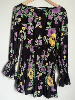 Urban Outfitters Leandra Smocked Mini Dress Black Purple Floral Long Sleeve Sz M thumbnail 1