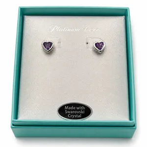 Heart Stud Earrings Swarovski Crystal Purple Platinum Tone Boxed Gift Jewelry thumbnail 1