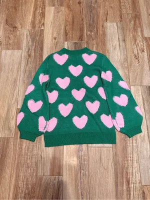 Pink Lily I'll Be There Green Fuzzy Heart Sweater thumbnail 4