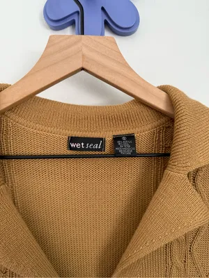 Wet Seal Small Cable Knit Long Open Cardigan Tan Camel Wool 60s 70s Penny‎ Lane thumbnail 2