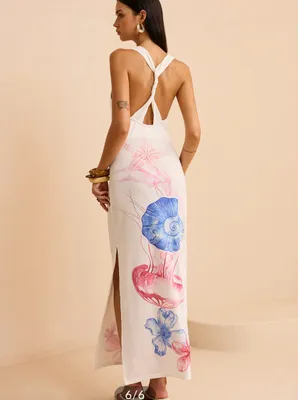 Commense White Semi Sheer Ocean Print Maxi Dress thumbnail 6