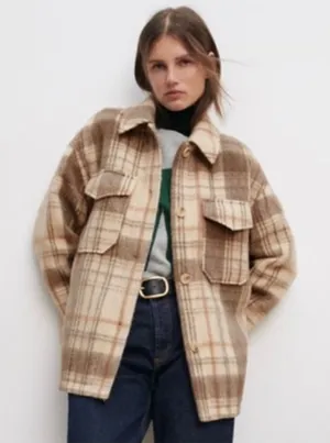 ZARA Plaid‎ Shirt Jacket Women's Size Large Cream Tan Gray Long Sleeve Collared thumbnail 1