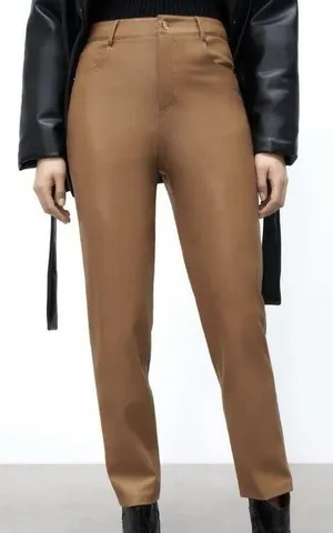 Zara Women’s Faux Leather Mom Fit Pants size‎ 2 Dark Camel Straight Leg thumbnail 1