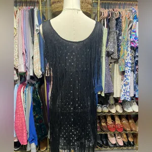 Cuase Black Silver Fringe Sequin Polka Dot Flapper Dress Size Large thumbnail 3