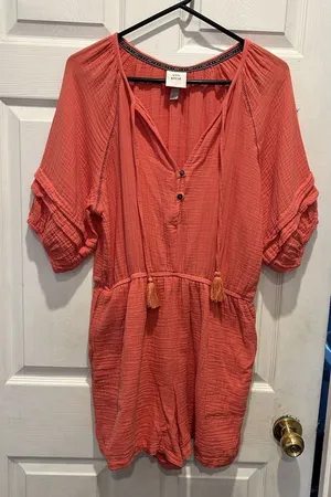 Knox Rose Womens Large Coral Pink Gauze Boho Romper Tassel Tie Ruffle Sleeve L‎ thumbnail 1