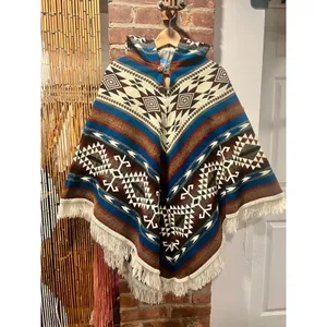 Southwestern Geometric Hooded Blanket Poncho Fringe Cape Boho Western S/M thumbnail 3