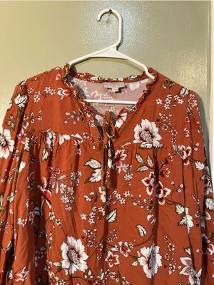 Loft Women's Size Large Petite Blouse Orange White Floral Button Down Ruffle‎ thumbnail 4