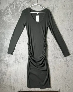 Michael Stars Maya Long Sleeve Dress Size L Tarragon Ribbed Midi Minimalist New thumbnail 1