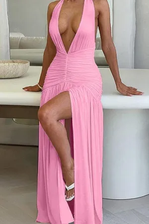 Ekaliy Women'sHalter Deep V Neck Maxi Backless High Slit Ruched Dress XL NWT thumbnail 3