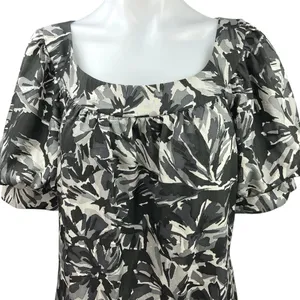 Trina Turk Black Gray Silk Wool Floral Abstract Puff Sleeve Mini Shift Dress 10 thumbnail 3