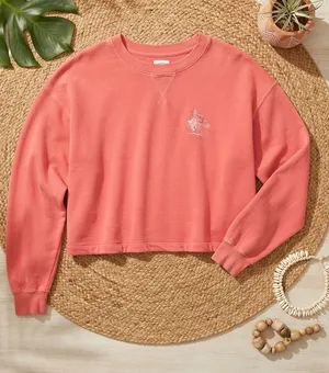 BILLABONG Coral Pink Cropped Crewneck Sweatshirt | Palm Embroidery Hem Drawstrin thumbnail 1