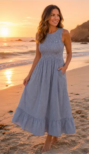 Beau & Ro The Margot Dress Navy White Stripe Small Smocked Nautical Beach‎ Flowy thumbnail 1